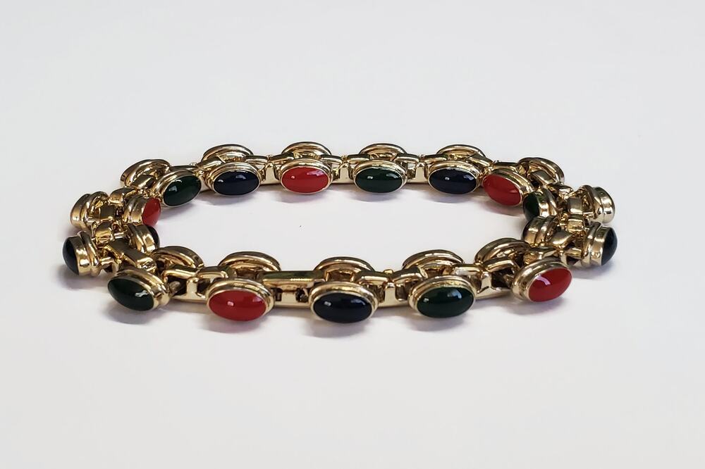 Vintage Navy Blue Red & Green Enamel Gold Tone Link Bracelet 8"